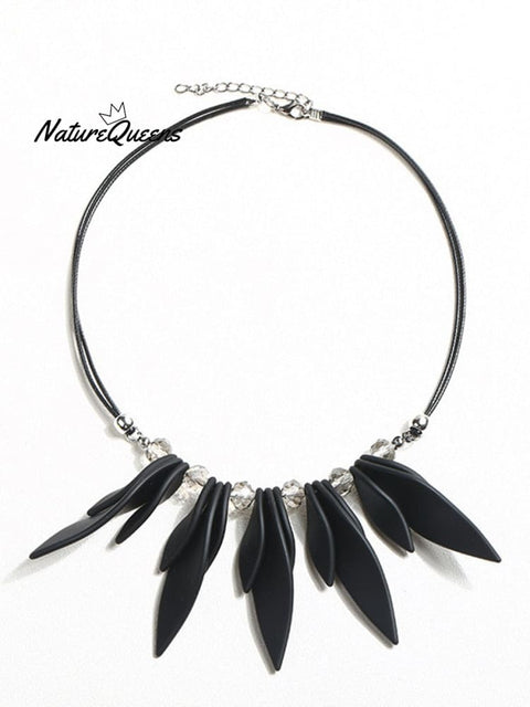 Multilayered Leaf Crystal Leather Cord Necklace Black / Onesize