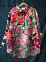 Women's Flower Print Casual Cotton And Linen Shirt