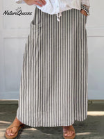 Women’s Striped Abstract Geometry Art Pattern Print Linen Pocket Skirt Grey / S