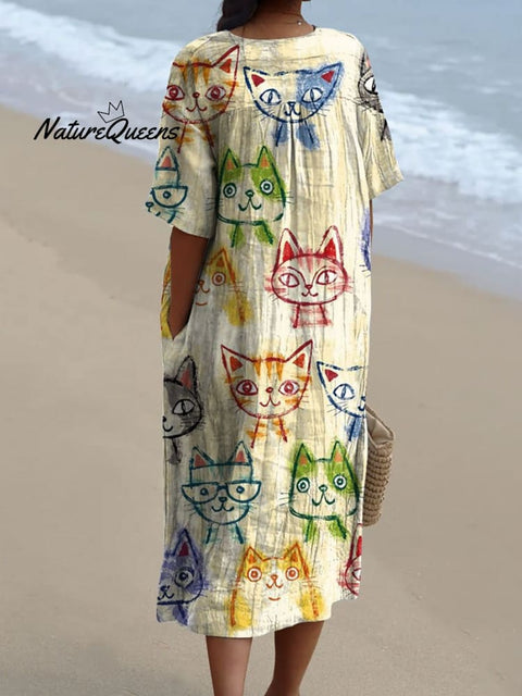 Women's Cute Cat Art Print Flowy Dress