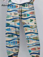 Women's Vintage Lovely Fish Art Printed Cotton And Linen Casual Pants