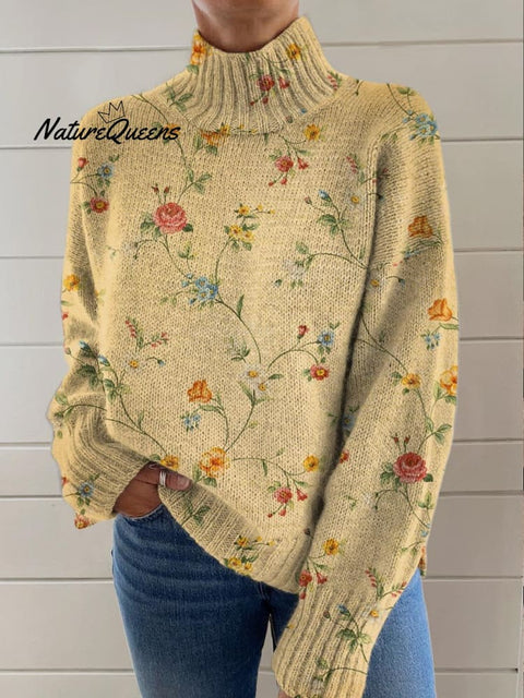 Women's Lovely Floral Art Print Knit Turtleneck Pullover Sweater