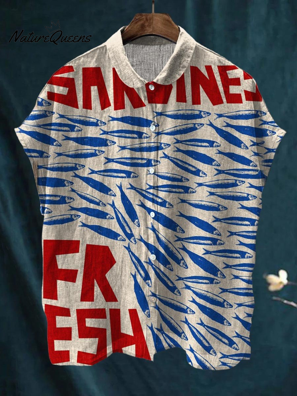 Women's Vintage Fish Sardine Art Print Casual Cotton And Linen Shirt