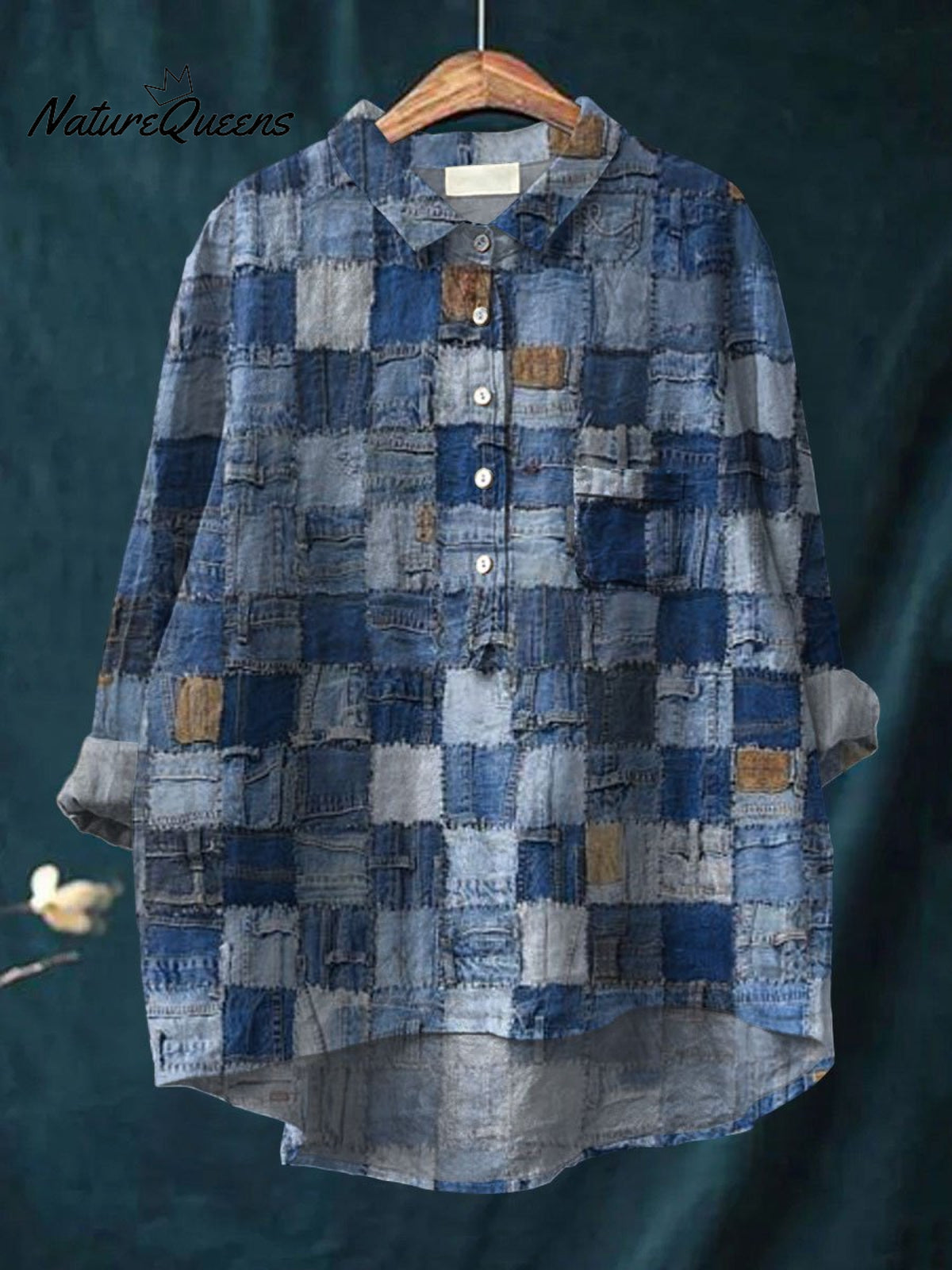 Women's Denim Art Print Casual Cotton And Linen Shirt