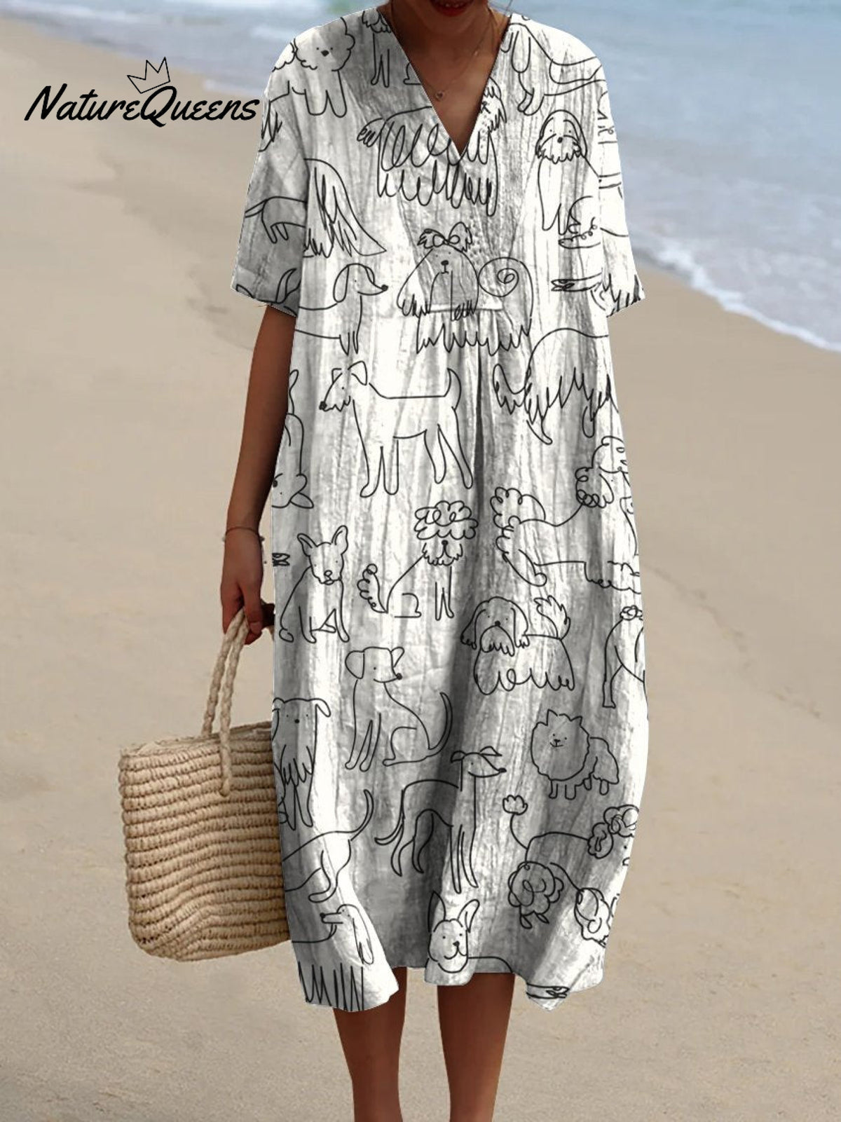 Women's Simple Black and White Lines Cartoon Puppy Print Flowy Dress