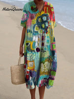 Women's Vintage Abstract Painting Art Print Flowy Dress