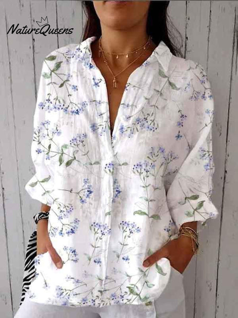 Women's Purple Floral Print Casual Linen V-neck Shirt