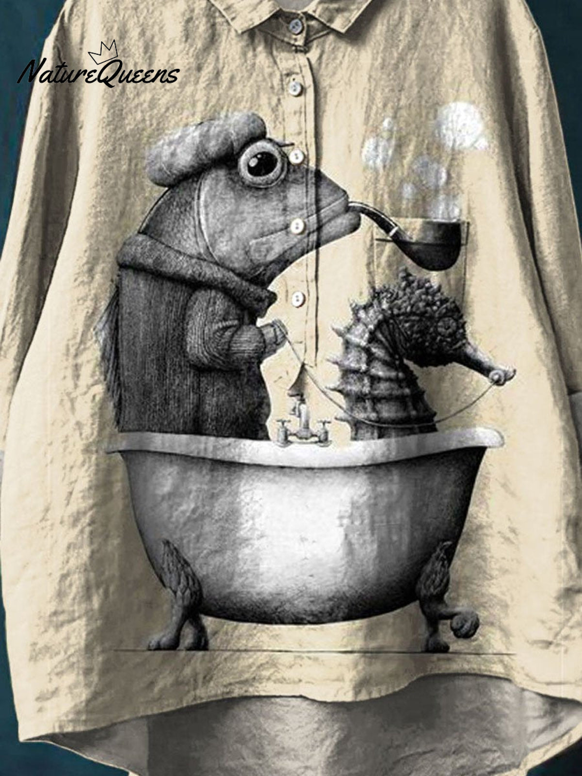 Vintage Lovely Fish Art Print Casual Cotton And Linen Shirt