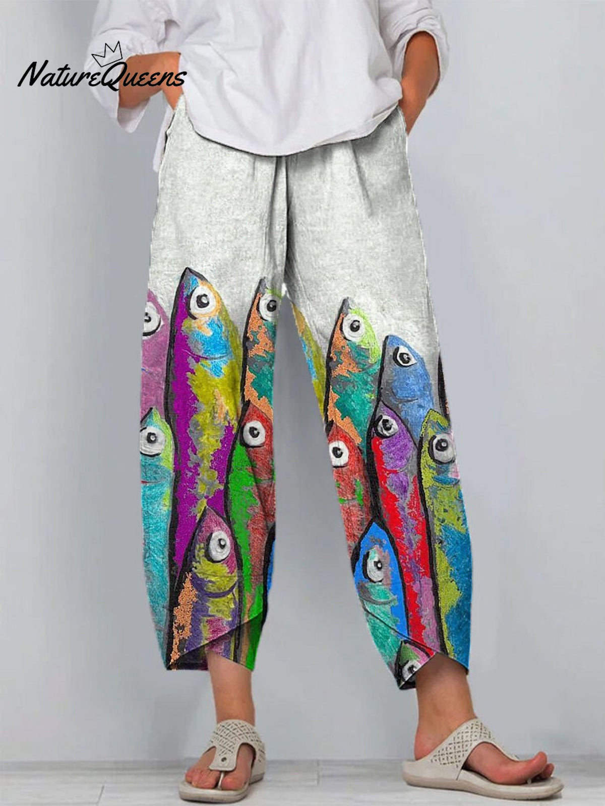 Funny Colorful Sardine Fish Art Printed Women's Cotton And Linen Casual Pants
