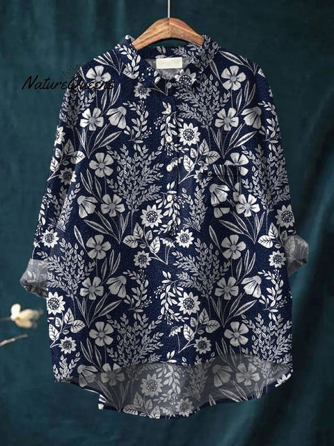 Women's Flower Art Print Casual Cotton And Linen Shirt