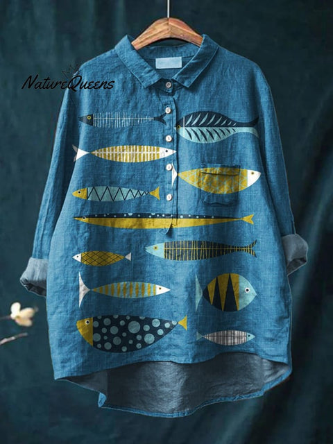 Women's Fish Art Print Casual Cotton And Linen Shirt