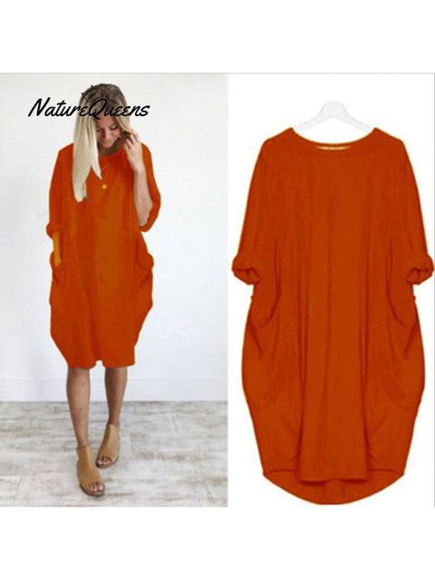 Women’s Solid Color Loose Elegant Casual Long - Sleeved Pocket Dress Orange / S