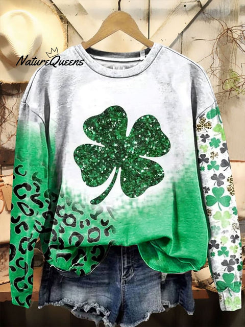 St. Patrick'S Day Retro  Gradient Lucky Clover Print Casual  Sweatshirt