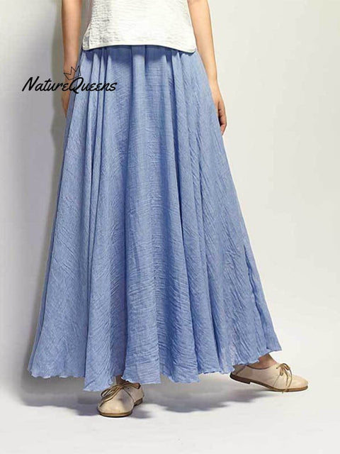 Women’s Cotton Linen Skirt Casual Elastic High Waist Pleated A-Line Beach Skirts Light Denim / S