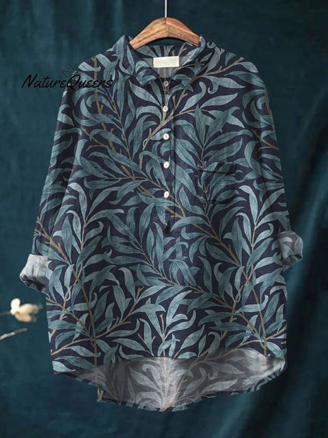 Women's Leaves Print Casual Cotton And Linen Shirt