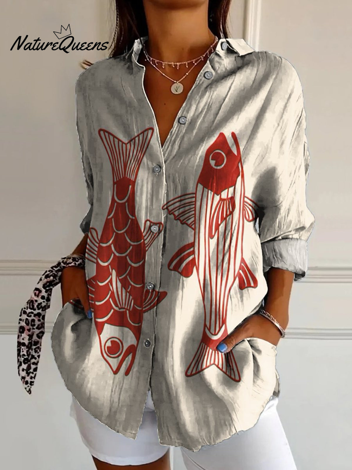 Women's Red Fish Vintage Art Print Casual Cotton Shirt