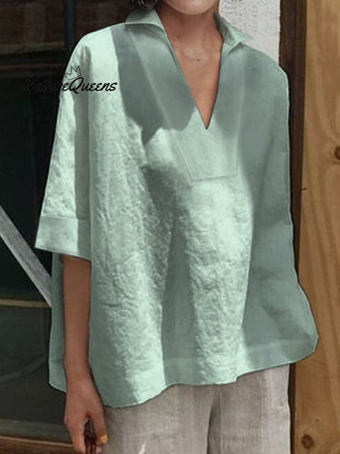 Women’s V - Neck Cotton And Linen Solid Colour Loose Mid - Sleeve Shirt Lake Green / S