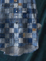 Women's Denim Art Print Casual Cotton And Linen Shirt