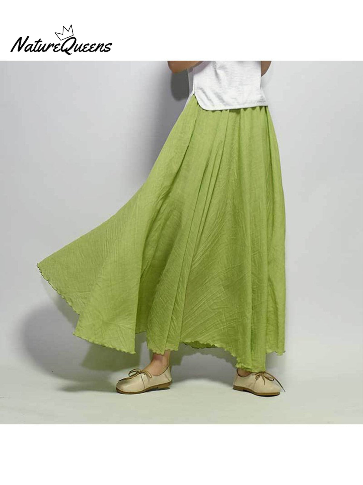 Women’s Cotton Linen Skirt Casual Elastic High Waist Pleated A-Line Beach Skirts Green Vegetation