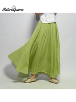 Women’s Cotton Linen Skirt Casual Elastic High Waist Pleated A-Line Beach Skirts Green Vegetation