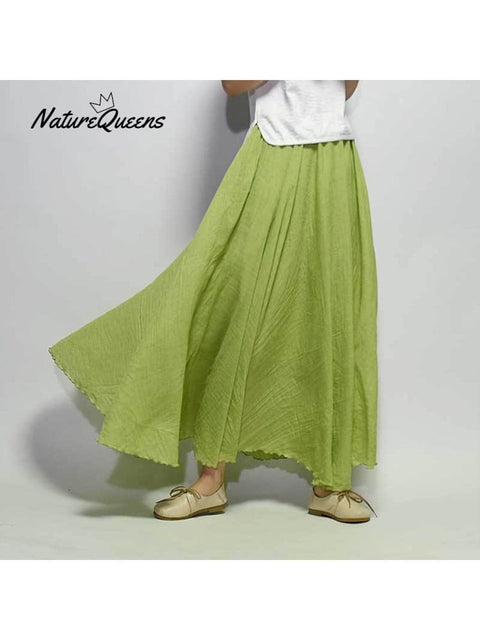 Women’s Cotton Linen Skirt Casual Elastic High Waist Pleated A-Line Beach Skirts Green Vegetation