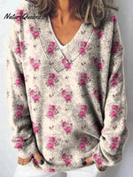 Watercolor French Rose Repeat Pattern Printed Knit V-neck Pullover Sweater