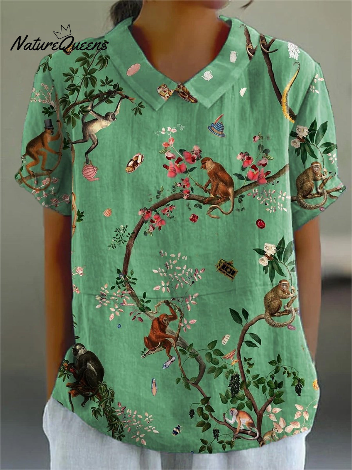 Women’s Retro Monkey Flower Art Print Casual Cotton And Linen Shirt Multicolor / S