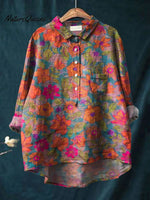 Women's Vintage Flower Art Print Casual Cotton And Linen Shirt