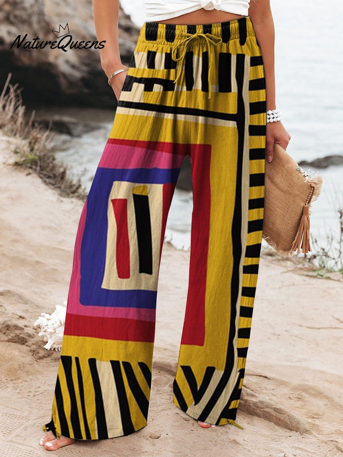 Women's Yellow Color-block Abstract Figure Printed Cotton And Linen Casual Pants