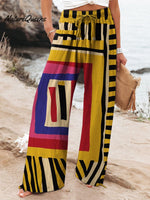 Women's Yellow Color-block Abstract Figure Printed Cotton And Linen Casual Pants