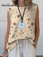 Women’s Retro Floral Art Print Casual Cotton And Linen Tank Top