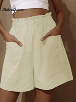 Cotton And Linen Wear High - Waisted Shorts With Buds Beige / S