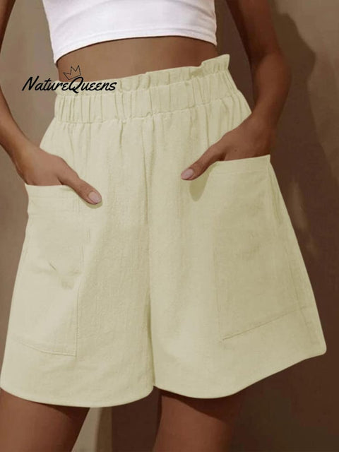 Cotton And Linen Wear High - Waisted Shorts With Buds Beige / S