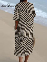 Women's Retro Hand Drawn Geometric Line Print Pocket Linen Dress（Convertible Dress With Front And Back Option）