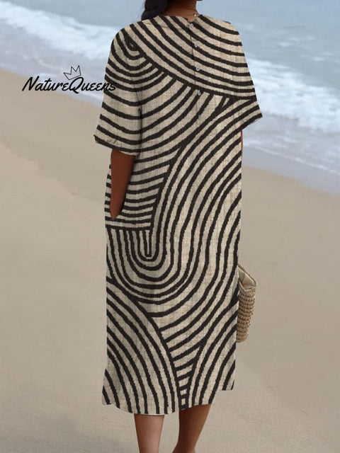 Women's Retro Hand Drawn Geometric Line Print Pocket Linen Dress（Convertible Dress With Front And Back Option）