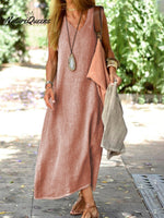 Summer Cotton And Linen Solid Colour Long Dress Pink / S