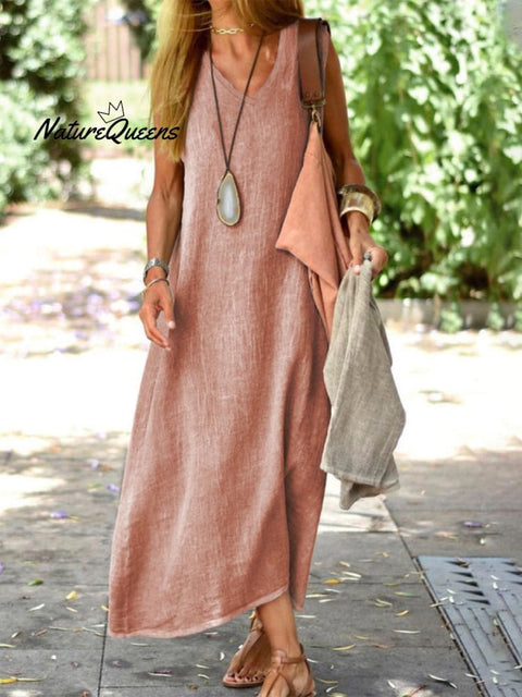 Summer Cotton And Linen Solid Colour Long Dress Pink / S