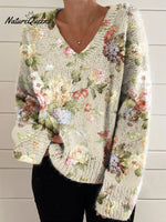 Women's Retro Fresh Flowers Print Casual V-neck Pullover Knit