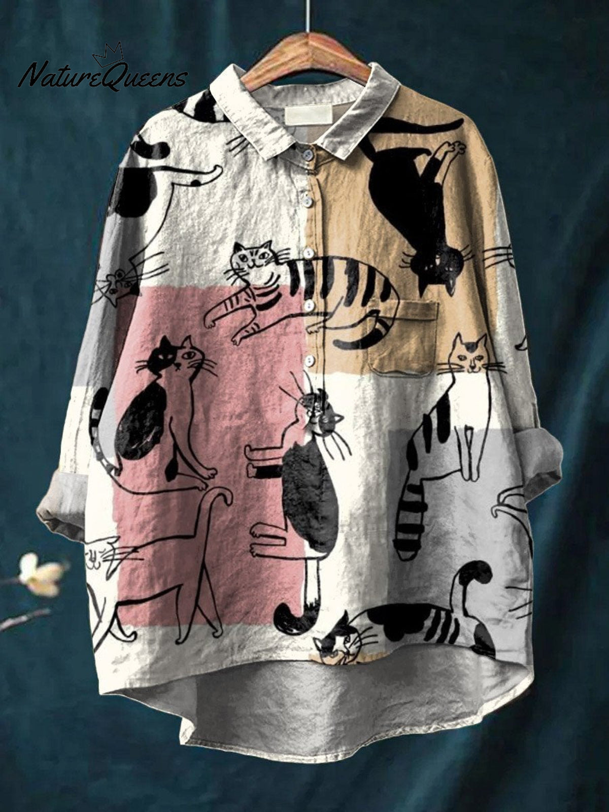 Vintage Funny Cats Art Print Casual Cotton And Linen Shirt