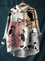 Vintage Funny Cats Art Print Casual Cotton And Linen Shirt