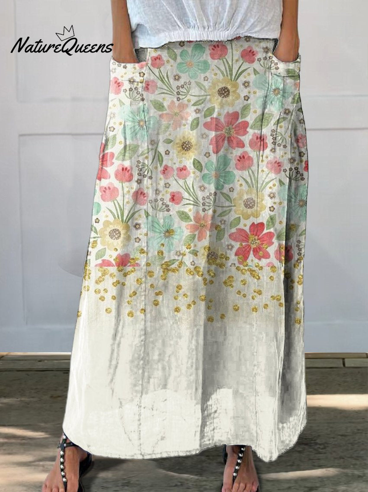 Women’s Flowers Gradient Background Casual Print Linen Elastic Waistband Pocket Skirt