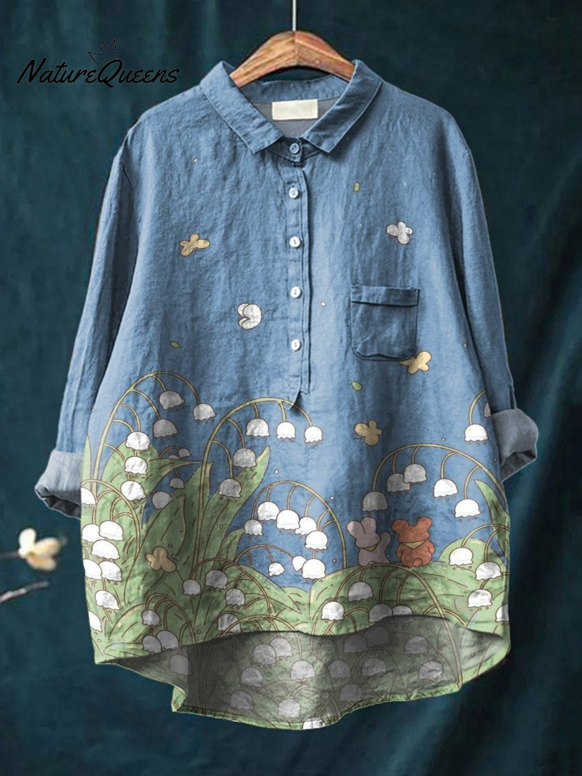Bunny and Bear In Lily of The Valley Flowers Once Upon A Time Admiring Sky Decorative Pattern Casual Cotton And Linen Shirt