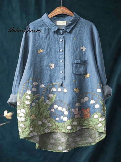 Bunny and Bear In Lily of The Valley Flowers Once Upon A Time Admiring Sky Decorative Pattern Casual Cotton And Linen Shirt