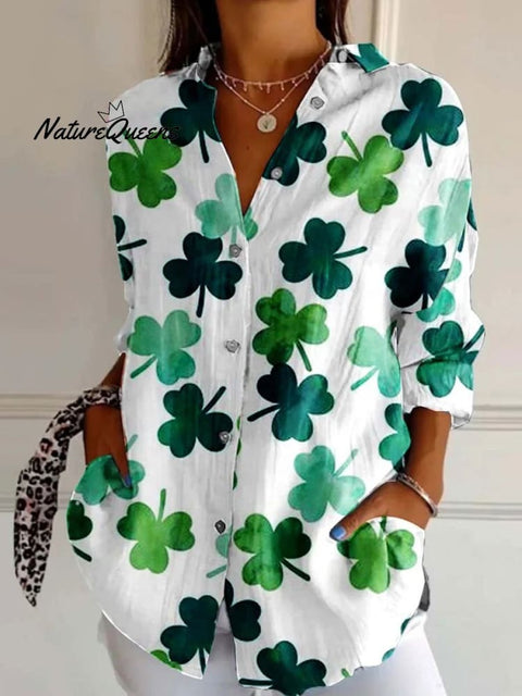 Women's  St. Patrick'S Day Retro Lucky Clover Print Casual Cotton Shirt