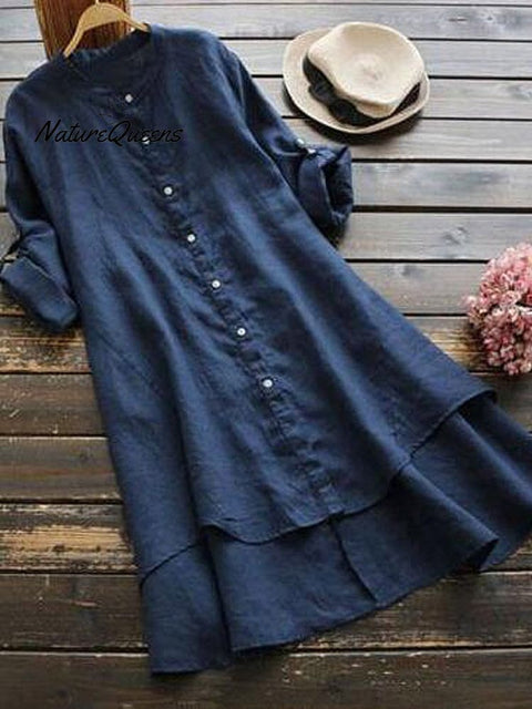 Women's Solid Color Loose Elegant Casual Cotton And Linen Shirt Dress