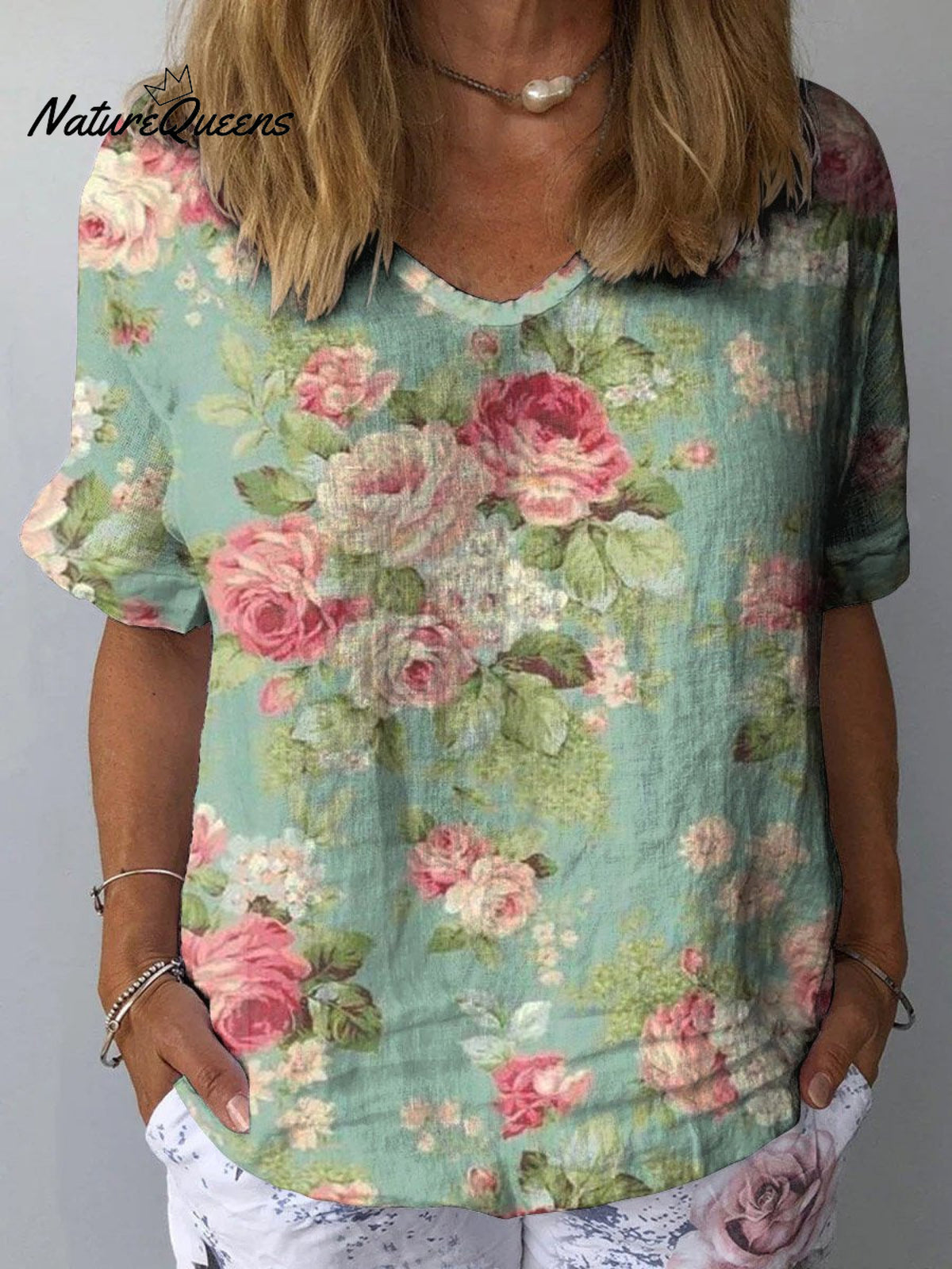 Women’s Retro Floral Art Print Casual Cotton And Linen Shirt Multicolor / S
