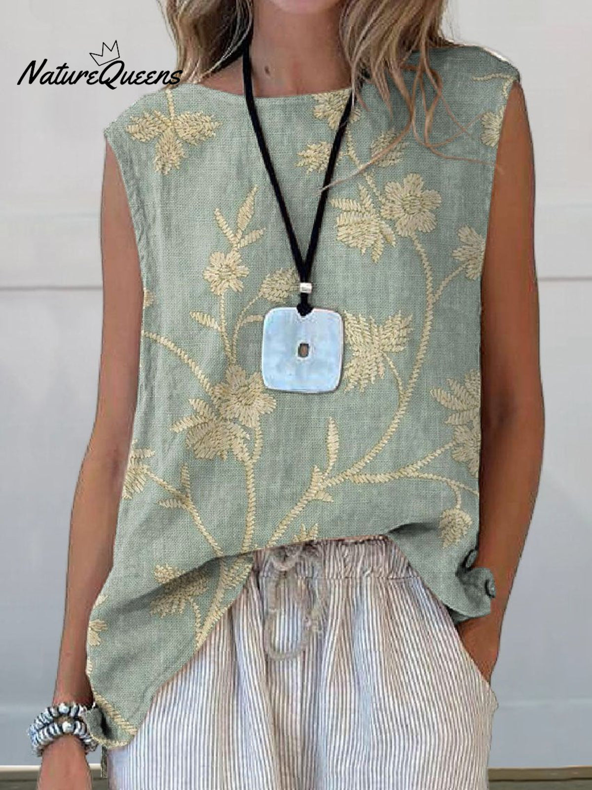 Women’s Retro Elegant Floral Art Print Casual Cotton And Linen Tank Top Green / S