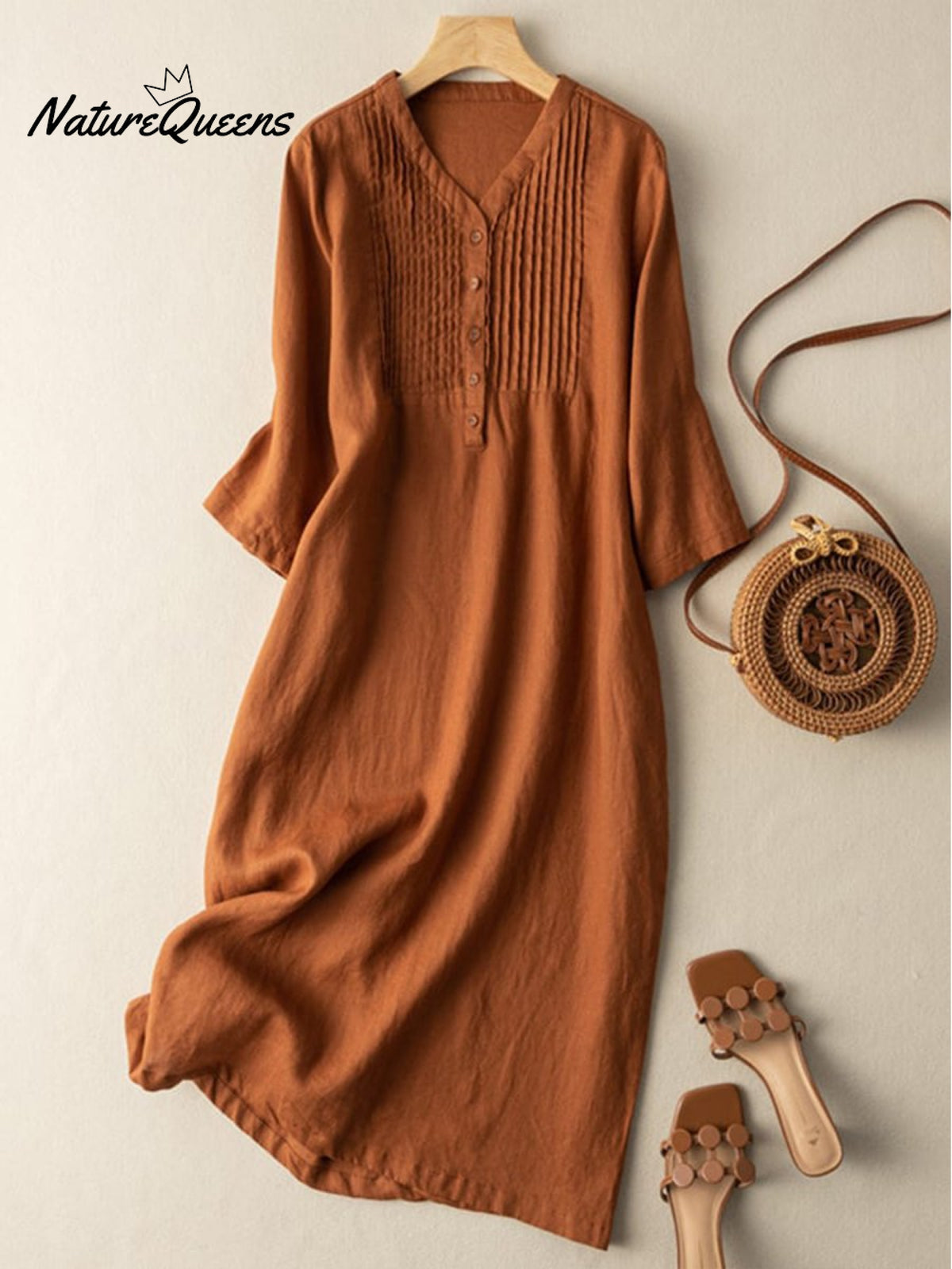 Cotton And Linen V-Neck Pleated Loose Dress