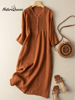 Cotton And Linen V-Neck Pleated Loose Dress