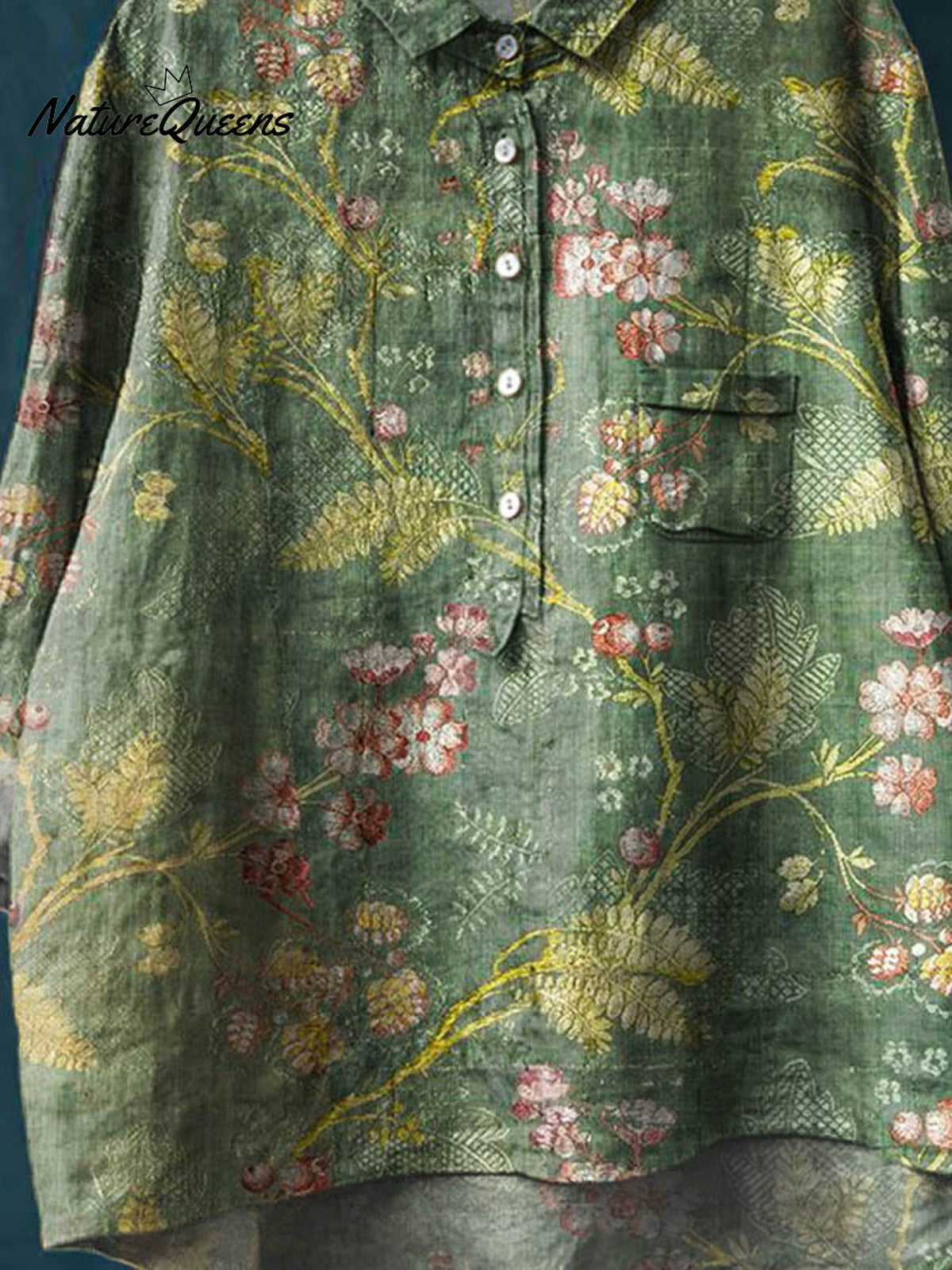 Women's Vintage Floral Art Print Casual Cotton And Linen Shirt